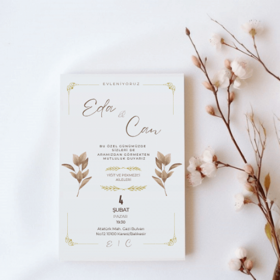 Kişiye Özel Minimal Gold Yapraklı Düğün Davetiyesi – Eda & Can Tasarımı