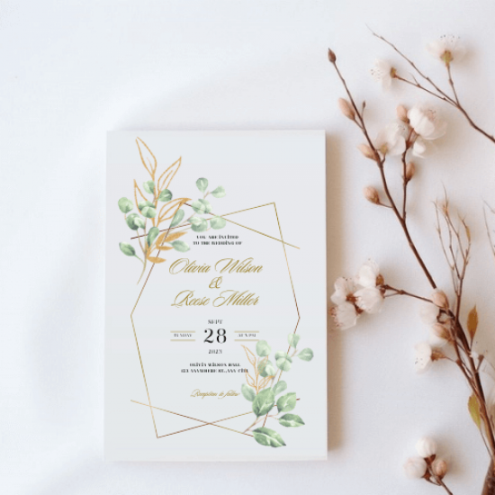 Kişiye Özel Modern Geometrik Çizgili Yeşil Yapraklı Düğün Davetiyesi