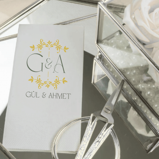 Kişiye Özel Monogramlı Düğün Peçetesi – İsim Baskılı Altın Detaylı Nikah Masası Peçetesi