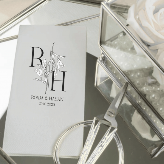 Kişiye Özel Monogramlı Düğün Peçetesi – İsim ve Tarih Baskılı Zarif Nikah Masası Peçetesi