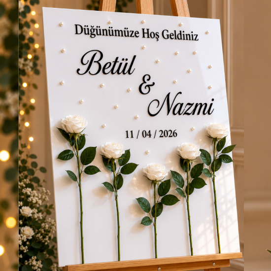 Kişiye Özel Dekota Düğün Karşılama Panosu  – İsimli Çiçek Detaylı Nikah ve Düğün Giriş Panosu
