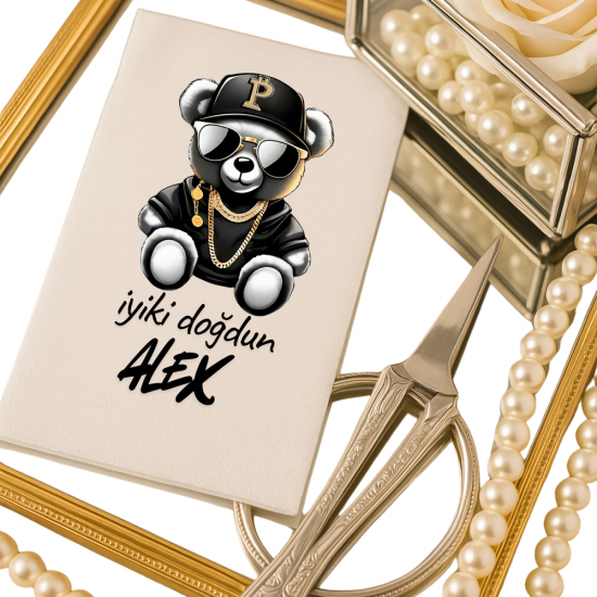Kişiye Özel Siyah Altın Hip-Hop Ayı Doğum Günü Peçetesi – İsim Yazılı Premium Tasarım