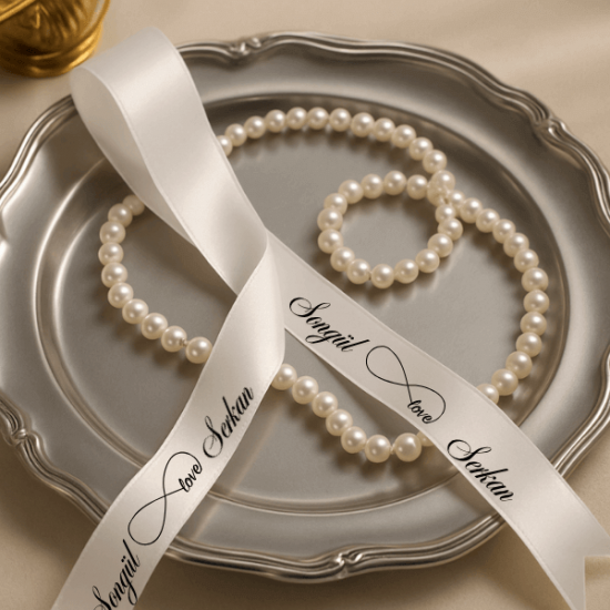 Kişiye Özel Sonsuzluk Sembollü İsim Baskılı Saten Kurdele – Düğün & Söz Tepsi Kurdelesi