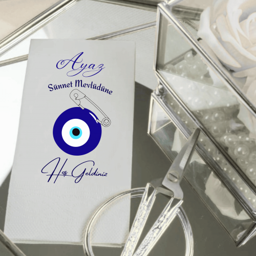 Kişiye Özel Sünnet Mevlidi Peçetesi – İsimli ve Nazar Boncuklu Tasarım