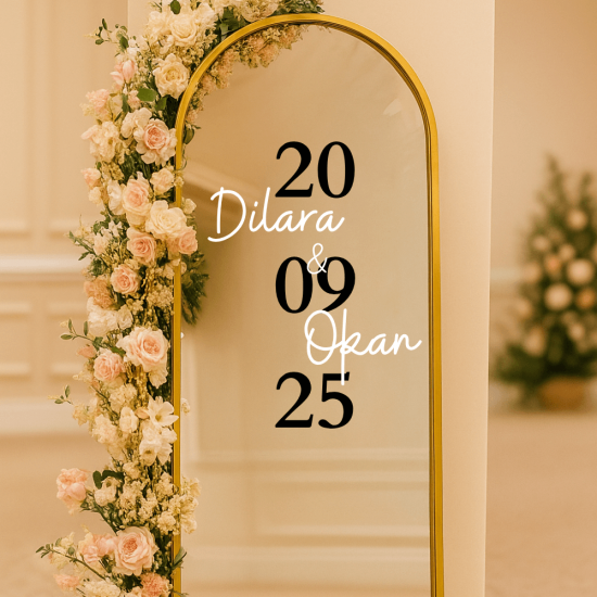 Kişiye Özel Tarihli & İsimli Folyo Yazı Sticker – Düğün Ayna Karşılama Panosu İçin