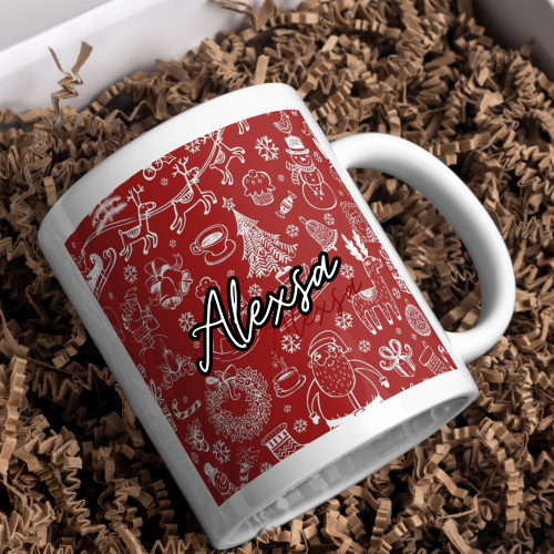 Kişiye Özel Yılbaşı Doodle Kupa – Kırmızı Noel Temalı İsim Yazılı Tasarım