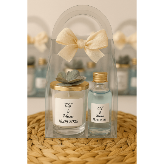 Krem Kurdeleli Mum & Kolonya Seti – Şeffaf Kutuda Kişiye Özel Nikah Hediyeliği