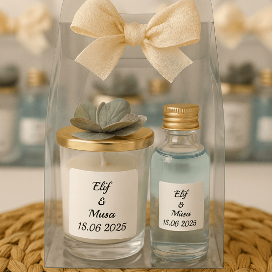 Krem Kurdeleli Mum & Kolonya Seti – Şeffaf Kutuda Kişiye Özel Nikah Hediyeliği