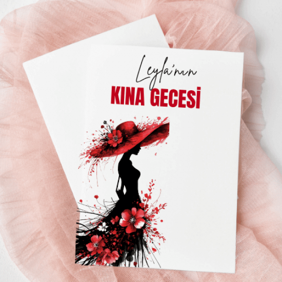 Leyla’nın Kına Gecesi Hediyelik Kına Kartı | Sanatsal Siluet ve Kırmızı Çiçek Tasarımlı Kişiye Özel Kart