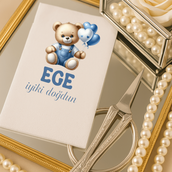 Mavi Ayıcık Temalı İyi Ki Doğdun Peçetesi – Kişiye Özel Doğum Günü Süsleme