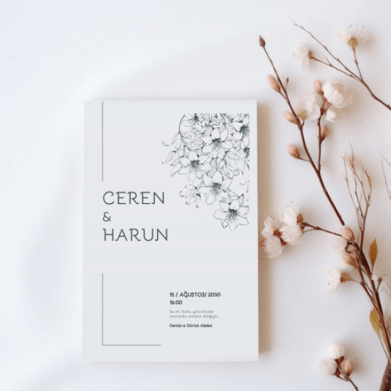 Minimal Çiçek Çizimli Modern Düğün Davetiyesi – Siyah Beyaz İnce Hat Tasarım