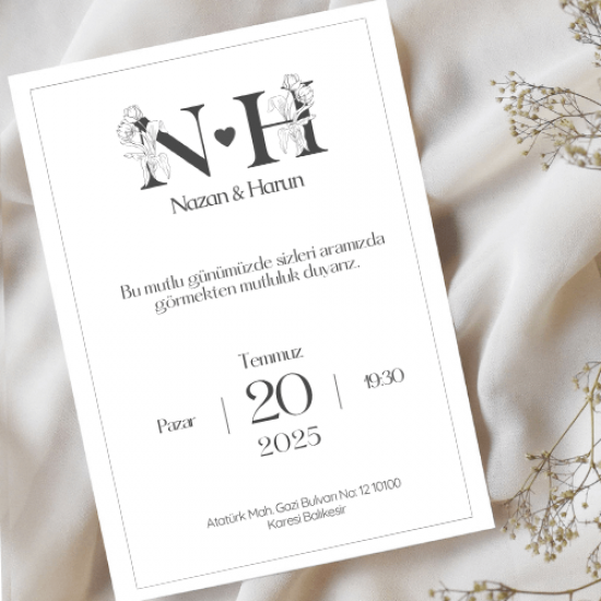 Minimal Monogram Nişan & Düğün Davetiyesi – Siyah Beyaz Zarif Tasarım