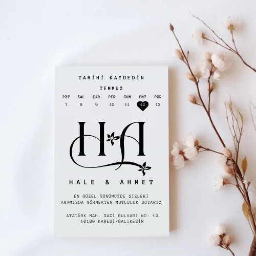 Minimal Takvimli Save The Date Düğün Davetiyesi – Siyah Beyaz Monogram Tasarım Minimal Takvimli Save The Date Düğün Davetiyesi – Siyah Beyaz Monogram Tasarım