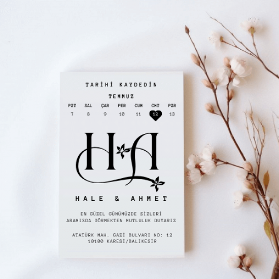 Minimal Takvimli Save The Date Düğün Davetiyesi – Siyah Beyaz Monogram Tasarım