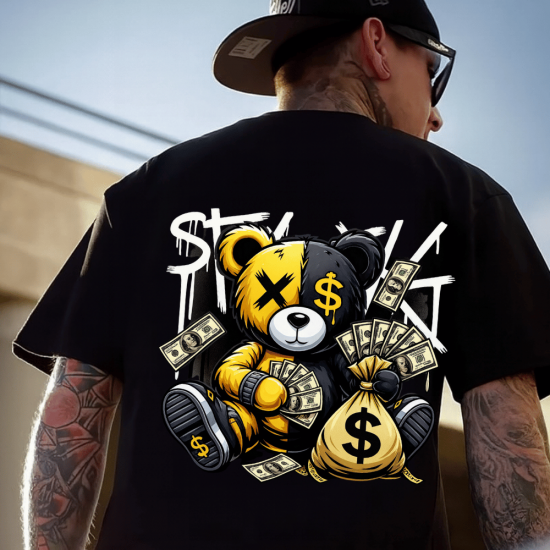 Para Temalı Stilize Ayı Baskılı Oversize Tişört – Money Bear Edition