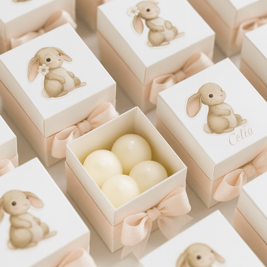 Pembe Fiyonk Süslemeli Tavşan Temalı Hediye Kutusu ve Mum Seti