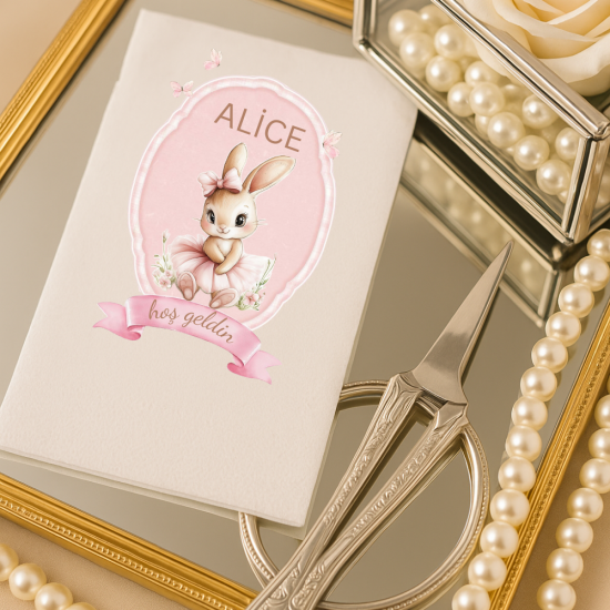 Pembe Tavşan Temalı Hoş Geldin Peçetesi – Kişiye Özel Bebek Karşılama Süsleme