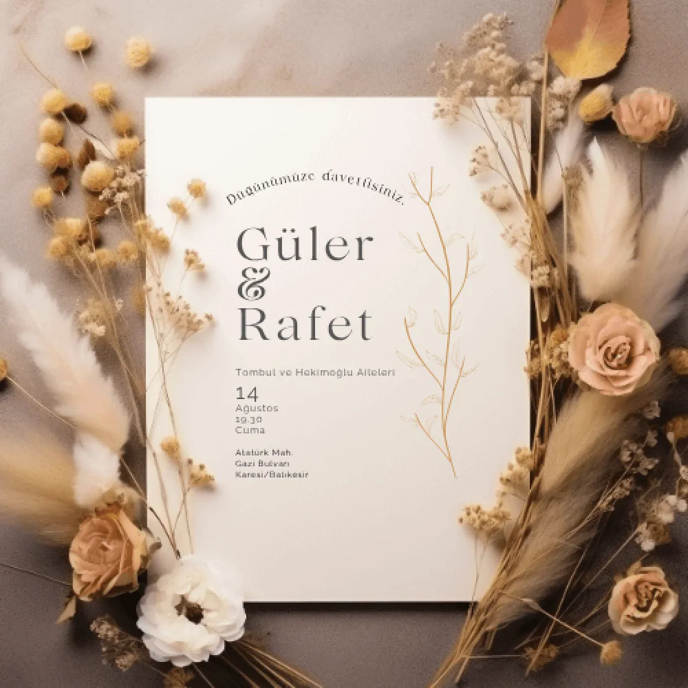Rustik Kuru Çiçek Temalı Düğün Davetiyesi – Vintage & Bohem Zarif Tasarım Rustik Kuru Çiçek Temalı Düğün Davetiyesi – Vintage & Bohem Zarif Tasarım