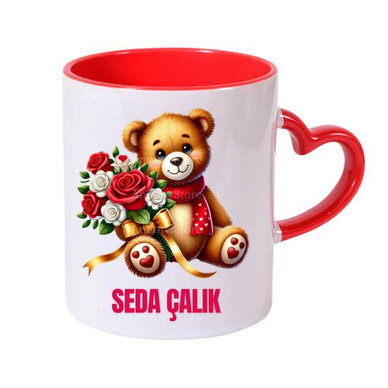 Sevimli Ayıcık Desenli İsimli Kalp Kulplu Kupa Bardak