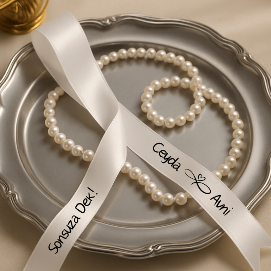 Sonsuza Dek Yazılı Kişiye Özel Saten Söz & Nişan Tepsi Kurdelesi – Dökülen İnci Yüzük Bağı Seti