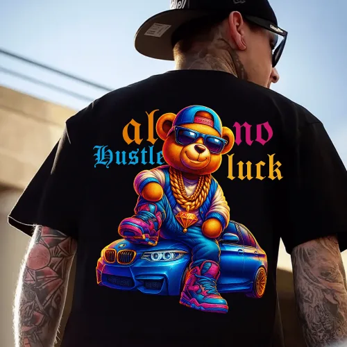 Streetwear Ayı Grafiti Tasarımlı Oversize Tişört – No Luck, All Hustle