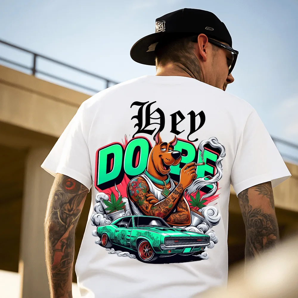 Streetwear Stilize Köpek ve Muscle Car Tasarımlı Oversize Tişört – Hey Dope Edition