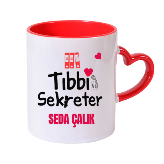 Tıbbi Sekreter Temalı İsimli Kalp Kulplu Kupa Bardak