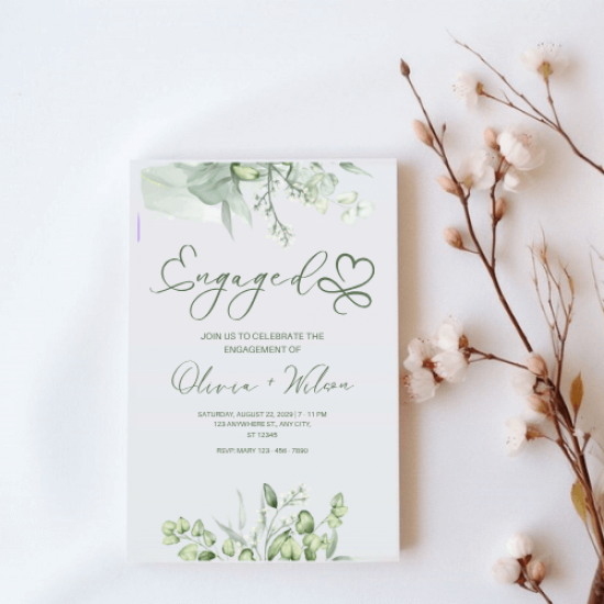 Yeşil Botanik Minimal Nişan Davetiyesi – Akvarel Okaliptus Tasarım